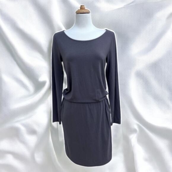 Garnet Hill Dress Sz S Gray Blouson Drop Waist Tie waist Classic Minimalist - Picture 1 of 11